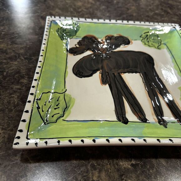 Artables Canada Dinner Plate Hand-Painted Square Ceramic Whimsical Moose - Picture 4 of 7